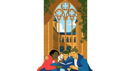 Diverse students collaborate happily on academic work within the historic, ivy-clad grounds of a prestigious university, symbolizing education and teamwork.