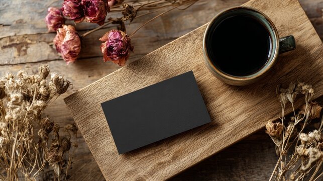 Blank black business card template on wooden desk with coffee cup ring stains and dried flowers