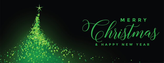 glowing merry christmas tree sparkle banner in green color