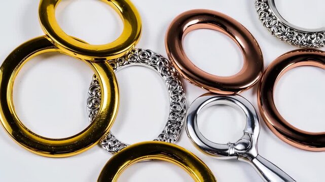 Decorative metallic rings in gold, rose gold, and silver, exhibiting ornate patterns
