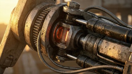 Mechanical arm showcasing intricate gears and pipes in a rustic, industrial setting illuminated by warm light.