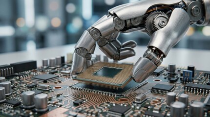 Futuristic robotic hand interacting with a computer chip on a circuit board.
