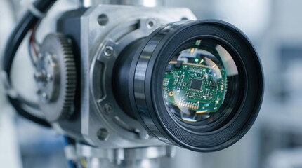 Close-up of a high-tech camera lens showcasing intricate circuitry within.