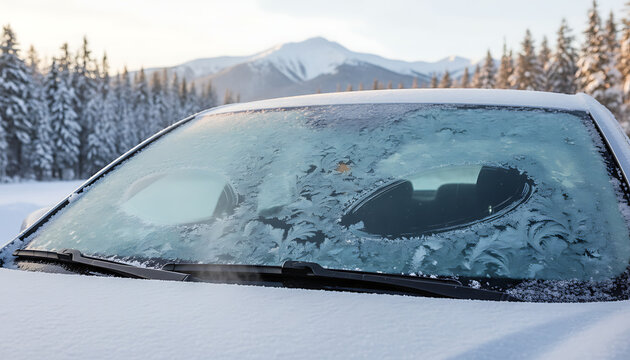 Frozen windshield with snow on a vehicle. Frosted wipers and washer nozzles. Ice-covered automobile surfaces, Winter Vehicle / Icy Car Condition