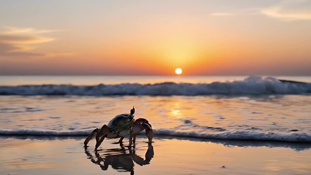 A captivating close-up shot features a small crab meticulously traversing the glistening, wet sand of a tranquil beach during the breathtaking golden hour. The scene is bathed in the warm, radiant hue
