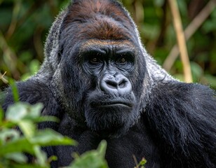 Obraz premium Close-up of a silverback gorilla, gazing intently, surrounded by lush green foliage. Rich details are seen in its facial features
