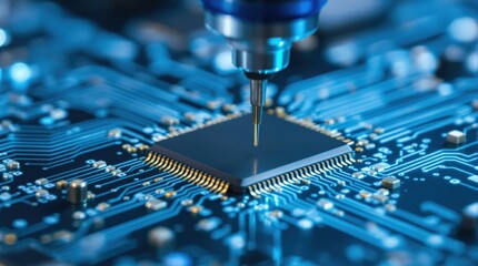 Close-up of a microchip being engineered with intricate circuitry details in a blue-toned environment.