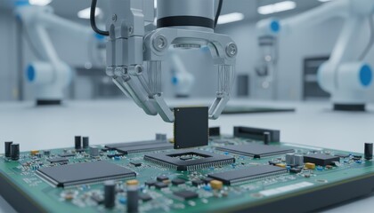 Advanced robotic arm assembling microchips on a circuit board in a high-tech environment.