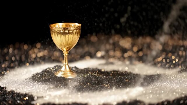 Elegant golden chalice on sparkling black background for luxury themes
