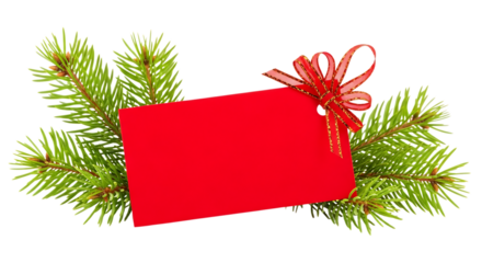 Red gift tag tied with ribbon on pine branches isolated on transparent background