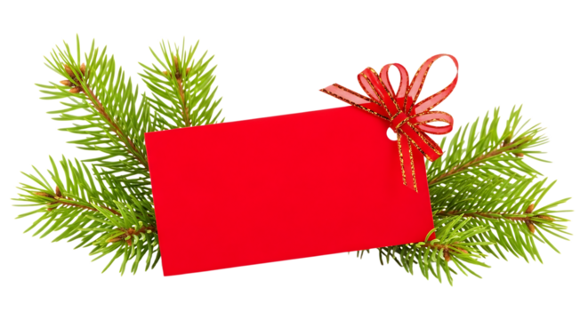 Red gift tag tied with ribbon on pine branches isolated on transparent background - Powered by Adobe