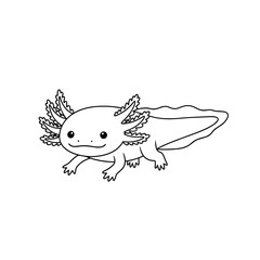 Cute black and white line art drawing of a smiling axolotl with bushy external gills on a white background.