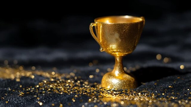 Shiny gold trophy on a sparkling black background for celebration and awards