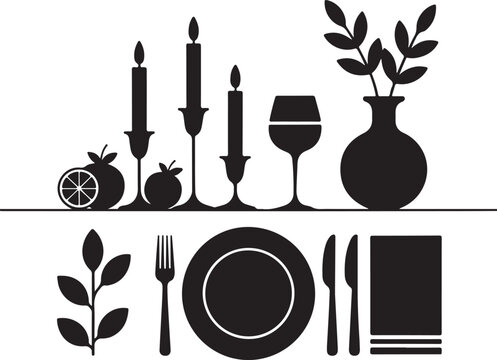Minimal Black Silhouette Vector Set of Candlelight Dinner Decor Plates Candles Wine Glass Napkin Fork Vase Fruits Version 2