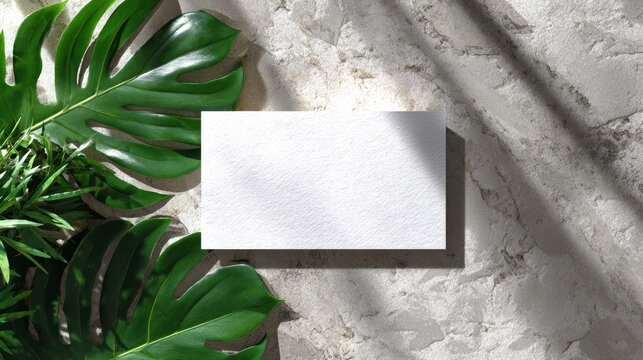 Blank white business card template on stone tile with geometric shadows and monstera leaves