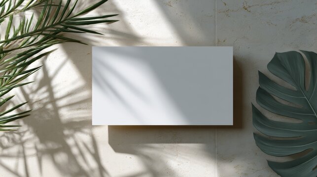 Blank white business card template on stone tile with geometric shadows and monstera leaves