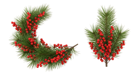 Two christmas tree branches with red berries isolated on transparent background
