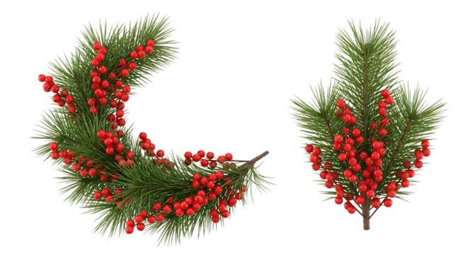 Two christmas tree branches with red berries isolated on transparent background