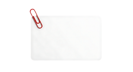 Blank white note paper attached with a red paperclip isolated on transparent background