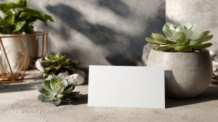 Blank white business card template on concrete surface with architectural shadows and succulent plants