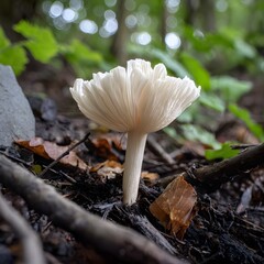 Delicate White Mushroom Growing on Forest Floor Among Fallen Leaves