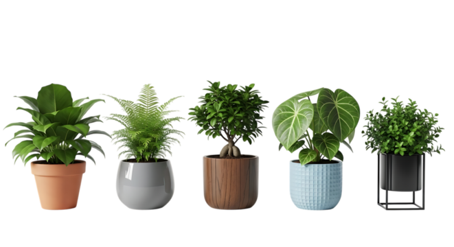 Collection of five potted green houseplants isolated on transparent background