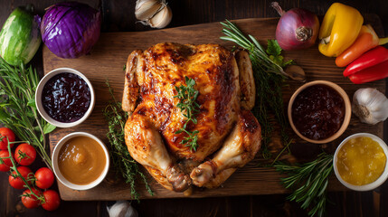 Festive meal with roasted chicken and seasonal vegetables on a rustic table