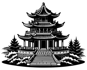 Traditional Chinese Pagoda Temple Silhouette with Garden Landscape Vector