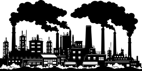 Fototapeta premium Industrial Factory Complex Silhouette with Smoking Chimneys: Pollution Vector