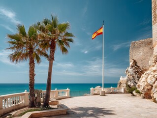 Spanish Flag Flying Over Mediterranean Coastal Promenade With Palm Trees