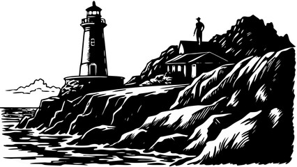 Fototapeta premium Lighthouse and Person on Rocky Shore Cliff: Coastal Solitude Vector Silhouette