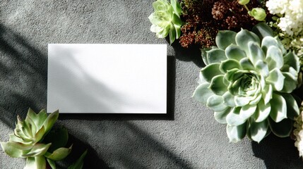 Blank white business card template on concrete surface with architectural shadows and succulent plants