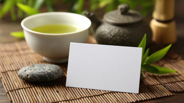 Blank white business card template on bamboo mat with zen stones and green tea ceremony setup
