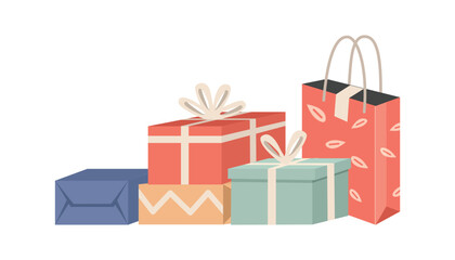 Colorful Gift Boxes and a Shopping Bag for Celebrations. Valentine gift. Mother day gift. Christmas present.