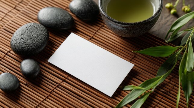 Blank white business card template on bamboo mat with zen stones and green tea ceremony setup
