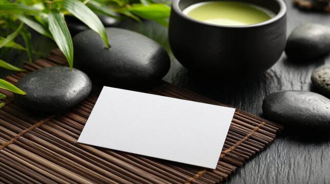 Blank white business card template on bamboo mat with zen stones and green tea ceremony setup