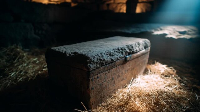 Ancient Egyptian Sarcophagus Surrounded by Hay in Mysterious Light