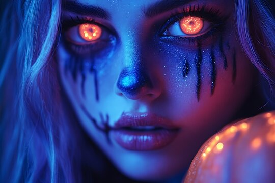 Woman with glowing orange eyes and blue face paint in neon light halloween spooky