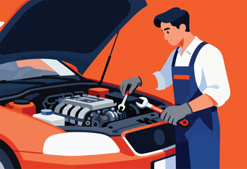 A mechanic, wearing gloves and overalls, works on a car engine with wrenches. The hood is open