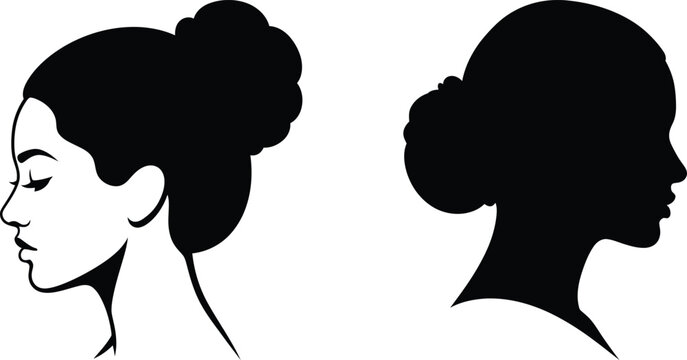 Contour drawing and silhouette of a female head in profile with a classic updo