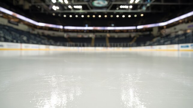 puck. Empty hockey rink with pristine ice, highlighted by atmospheric lighting and a sense of anticipation. event key visuals, club posters, designed for fitness apps and gym onboarding.
