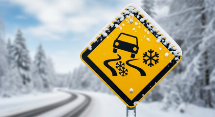 Be cautious driving in slippery winter conditions, icy roads ahead, drive slow and safe, yellow warning sign with snow, winter season travel warning