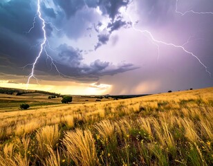 Lightning strikes across a grassy field under a dramatic stormy sky