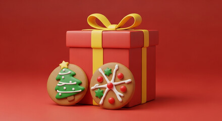 Festive Christmas gift box with gingerbread cookies, bringing holiday cheer and sweet wishes, perfect for greeting cards or holiday promotion material