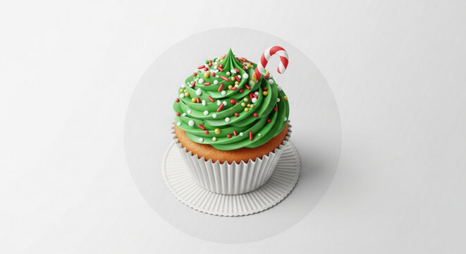 Festive Christmas cupcake with green frosting and candy cane, delicious holiday treat that brings joy and sweetness to any occasion, perfect for celebrations