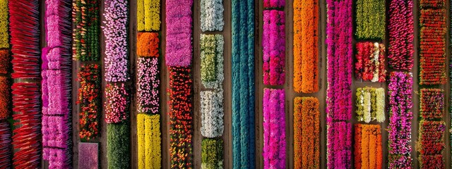 Aerial View of Flower Farm with Symmetrical Rows