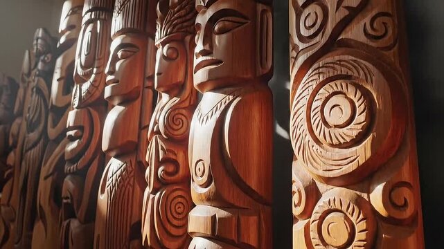 Authentic Maori Tiki Carvings Detailed Close Up Warm Lighting Studio Display Traditional Polynesian Artistry
