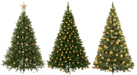 Three decorated christmas trees isolated on transparent background
