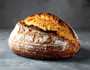 Crusty, freshly baked bread loaf on a textured gray surface