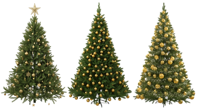 Three decorated christmas trees isolated on transparent background